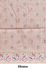 Pink striped tussar saree with contrast birds & floral design border and floral printed blouse