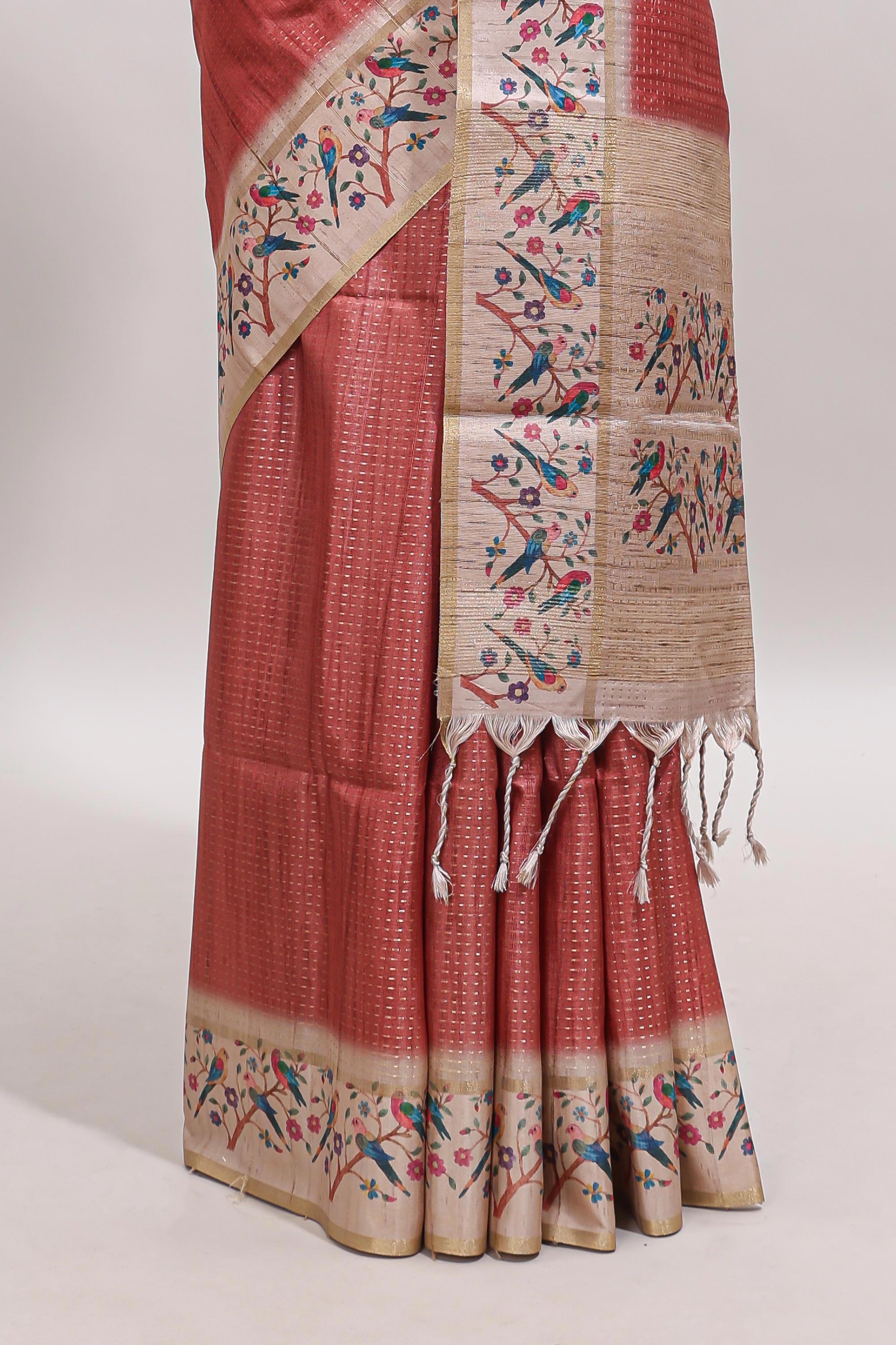 Peach striped tussar saree with contrast birds & floral design border and floral printed blouse