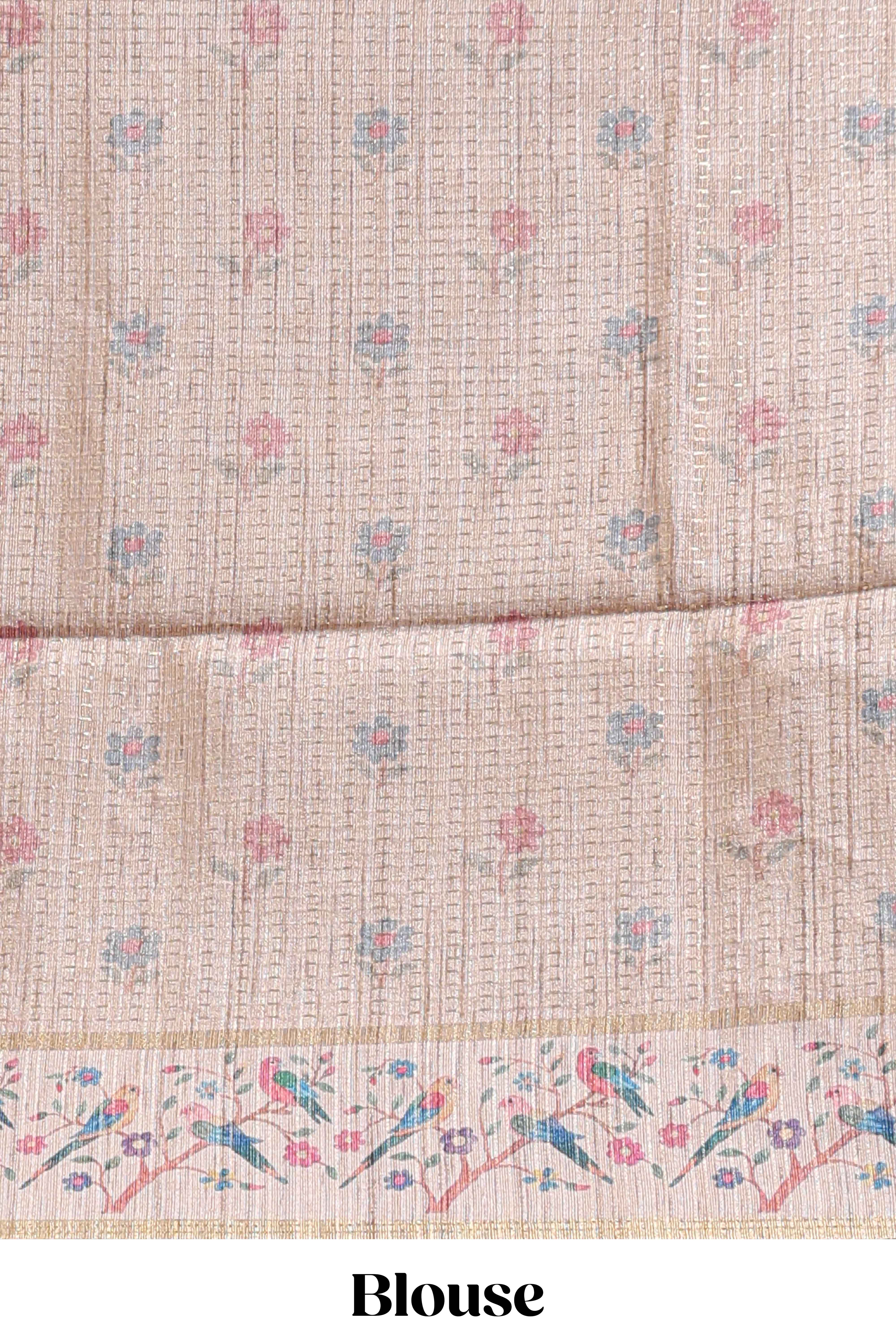 Blue striped tussar saree with contrast birds & floral design border and floral printed blouse
