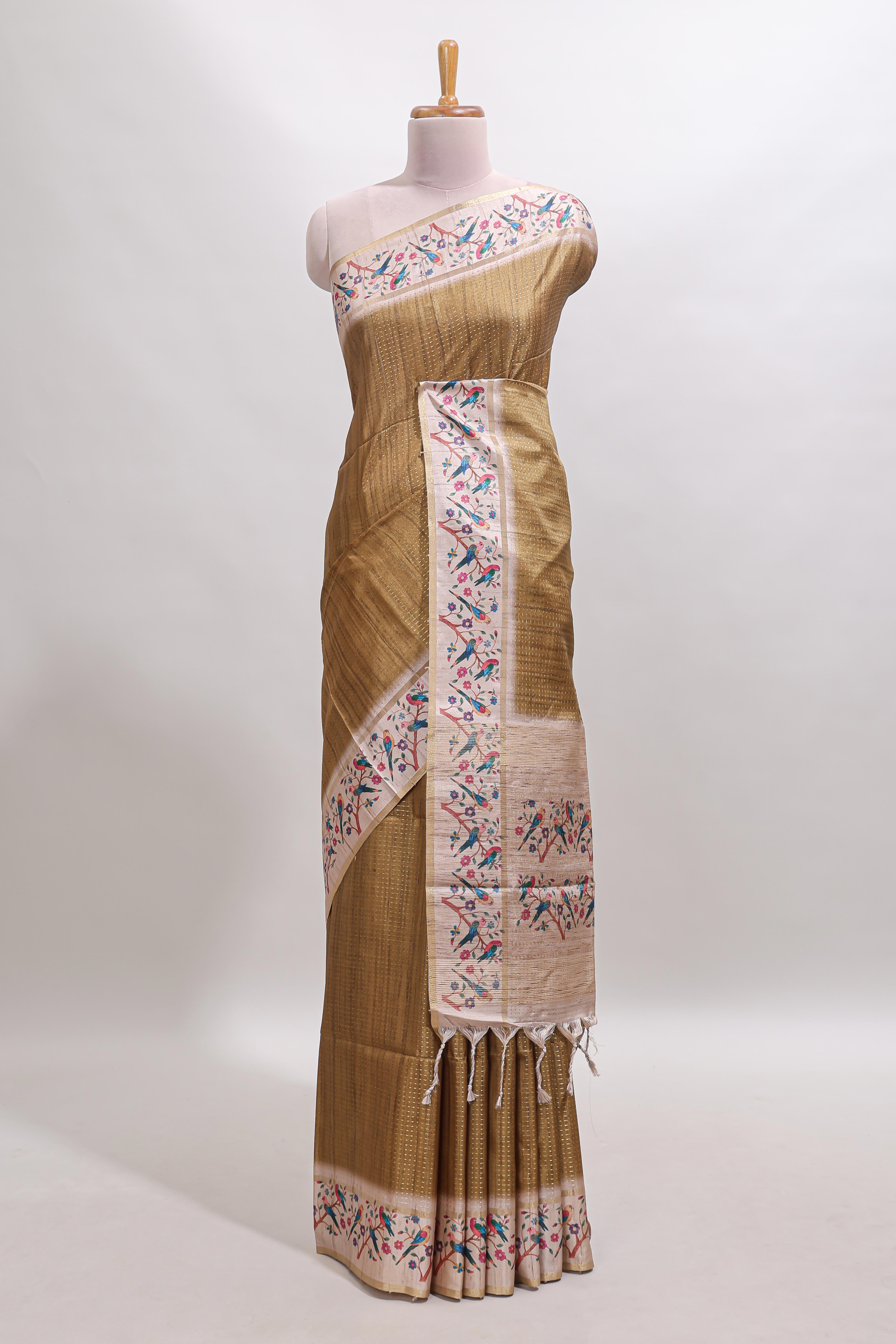 Sandal striped tussar saree with contrast birds & floral design border and floral printed blouse