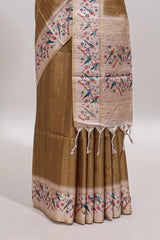 Sandal striped tussar saree with contrast birds & floral design border and floral printed blouse