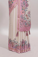 Cream floral design tussar saree with contrast zari border and self pallu