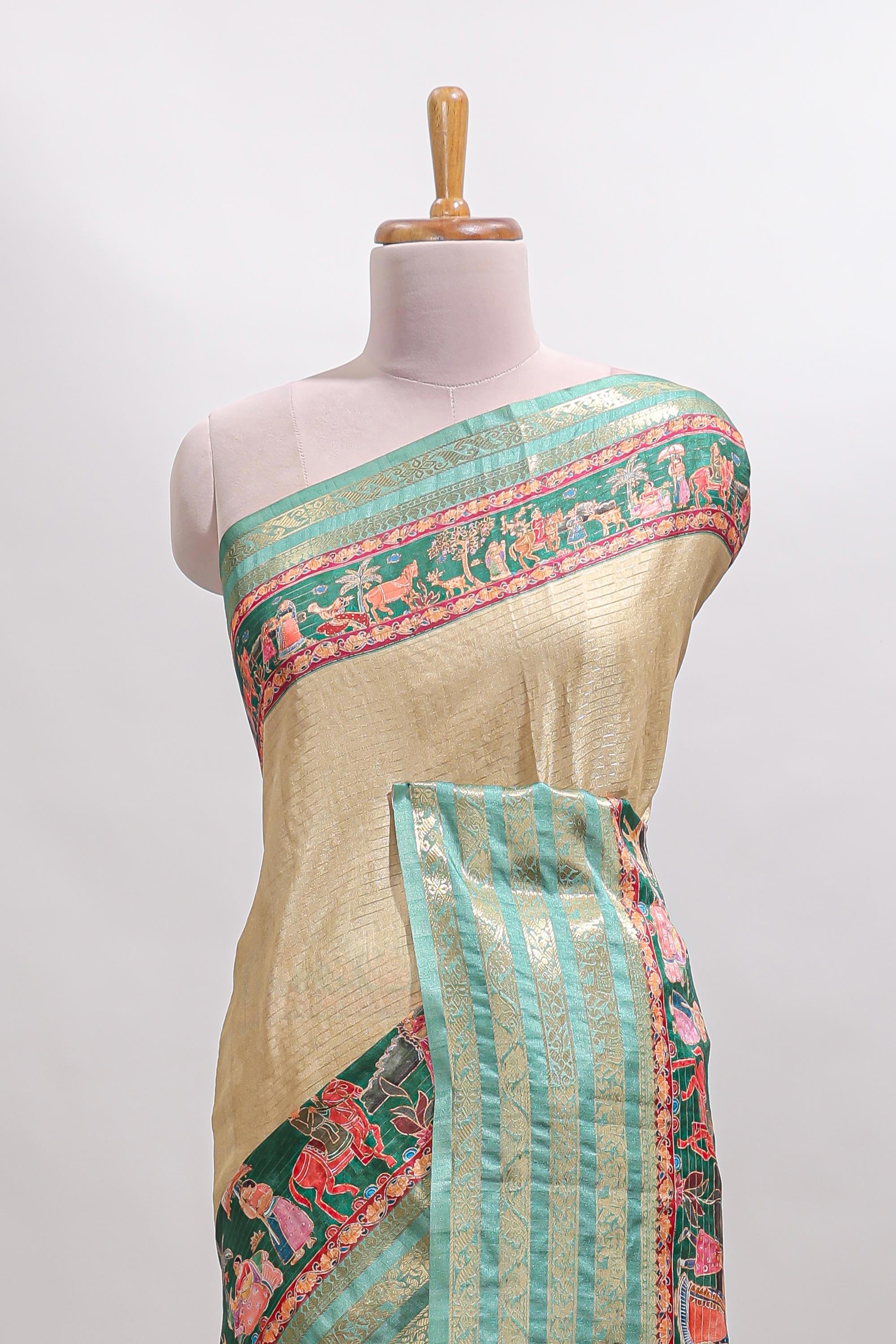 Mustard floral design kalamkari style tussar saree with contrast border and printed pallu