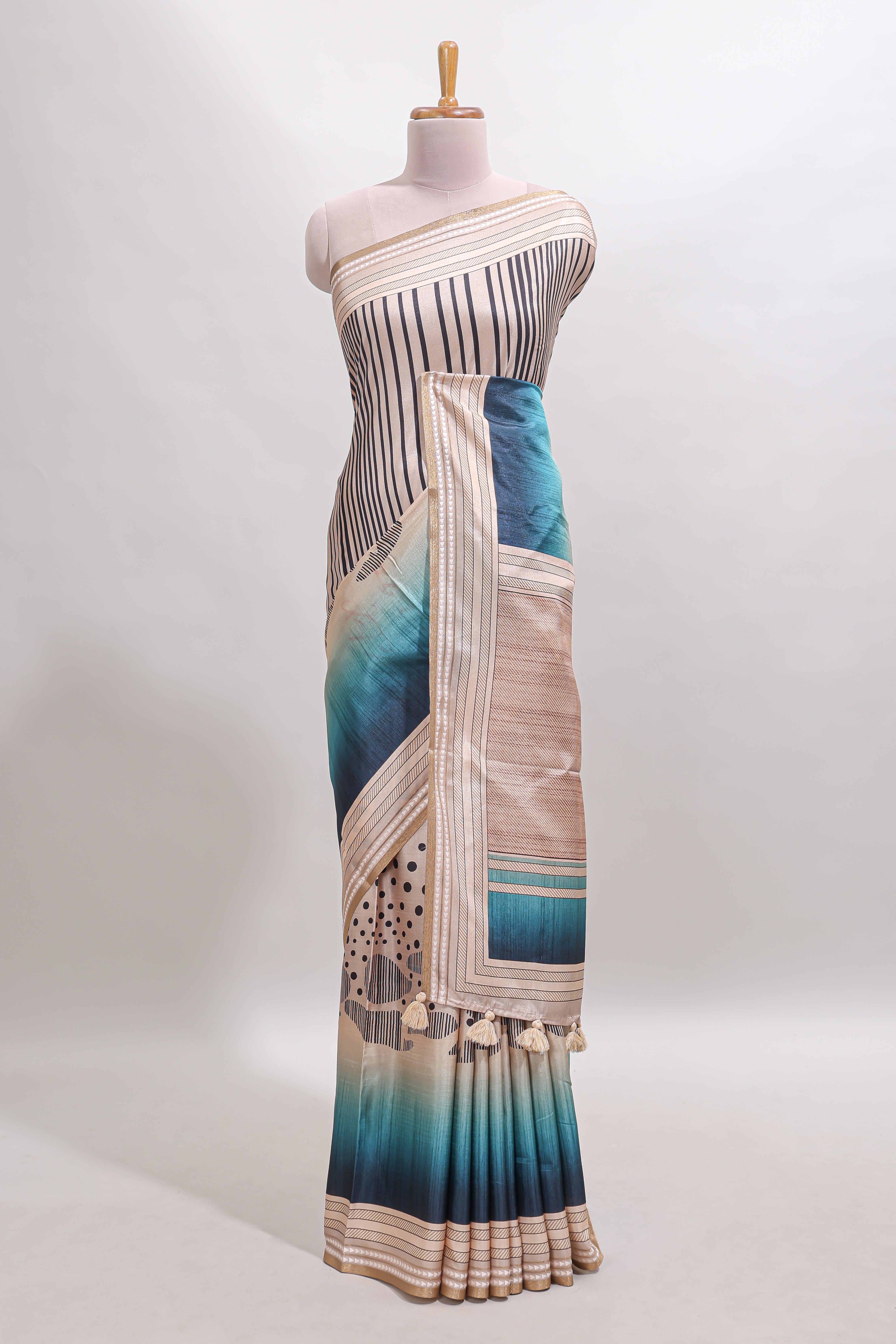 Beige geometric design tussar saree with self border and matching blouse