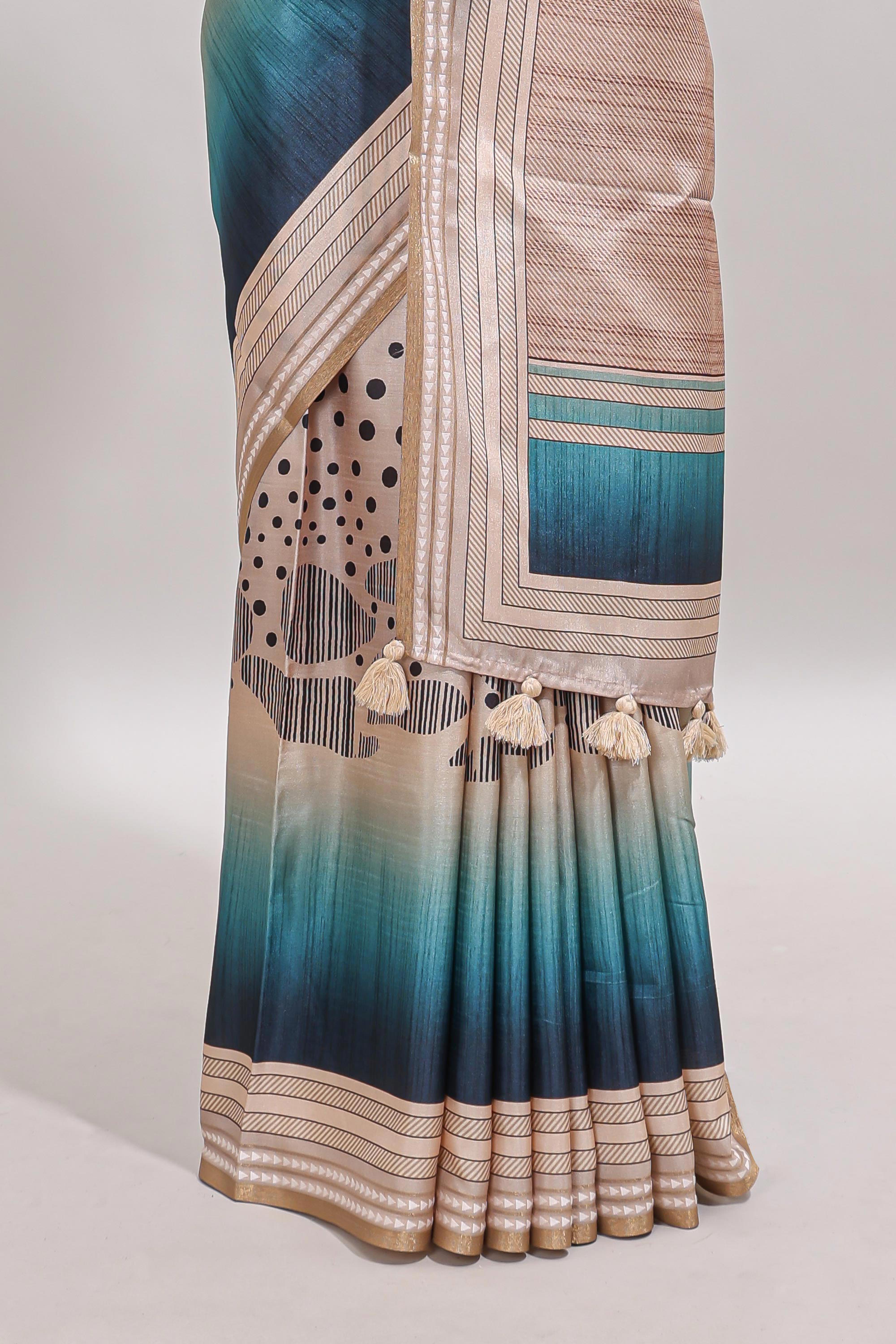 Beige geometric design tussar saree with self border and matching blouse