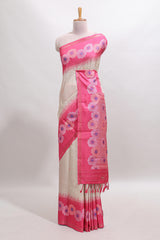 Beige striped floral motifs tussar saree with contrast floral print border and printed pallu