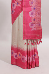 Beige striped floral motifs tussar saree with contrast floral print border and printed pallu