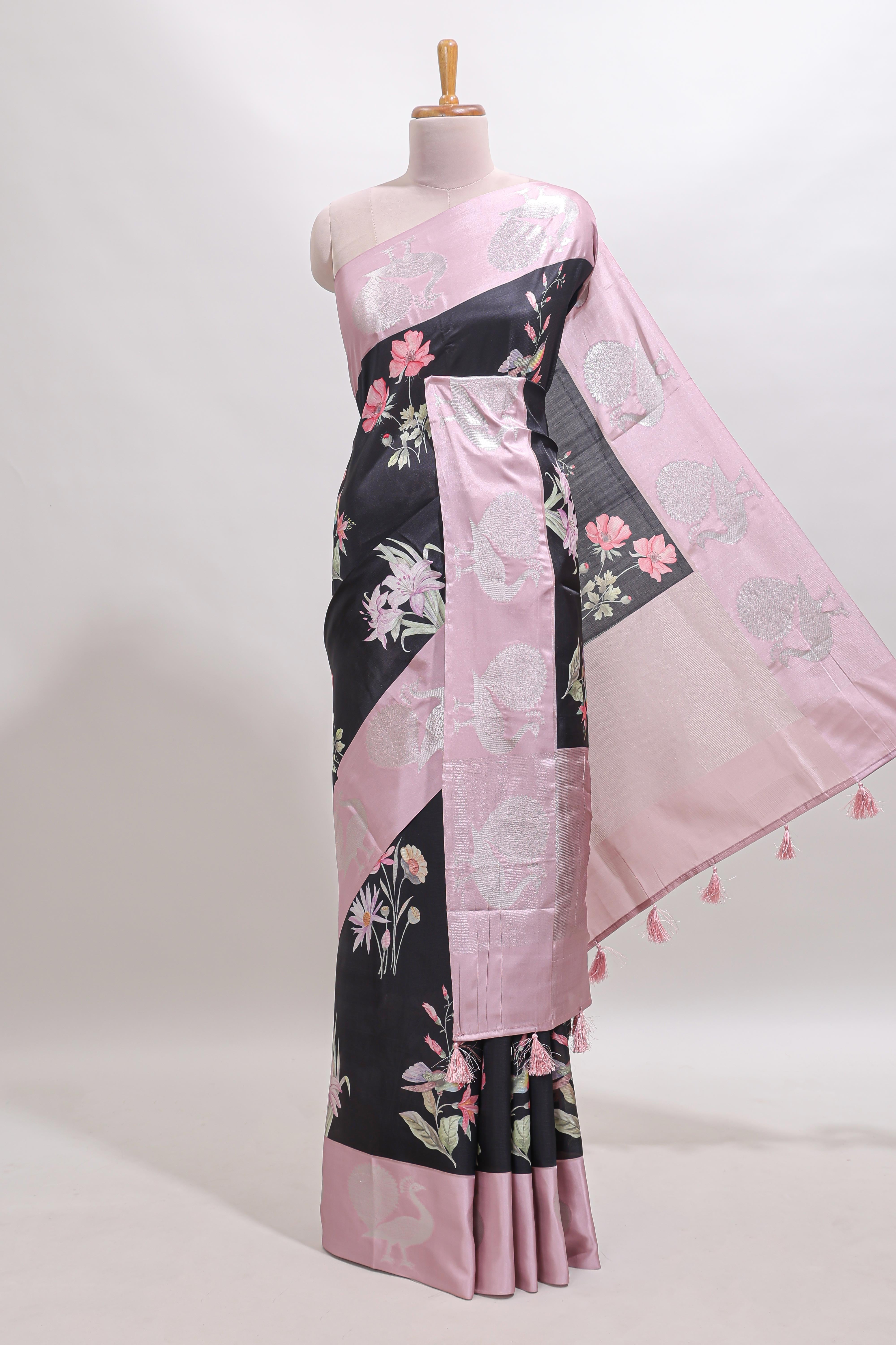 Black floral design tussar saree with contrast peacock design zari border and blouse