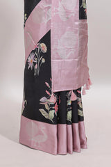 Black floral design tussar saree with contrast peacock design zari border and blouse