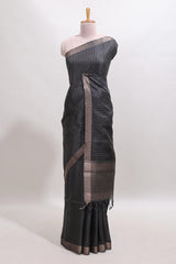 Black checked tussar saree with self zari border and matching striped blouse