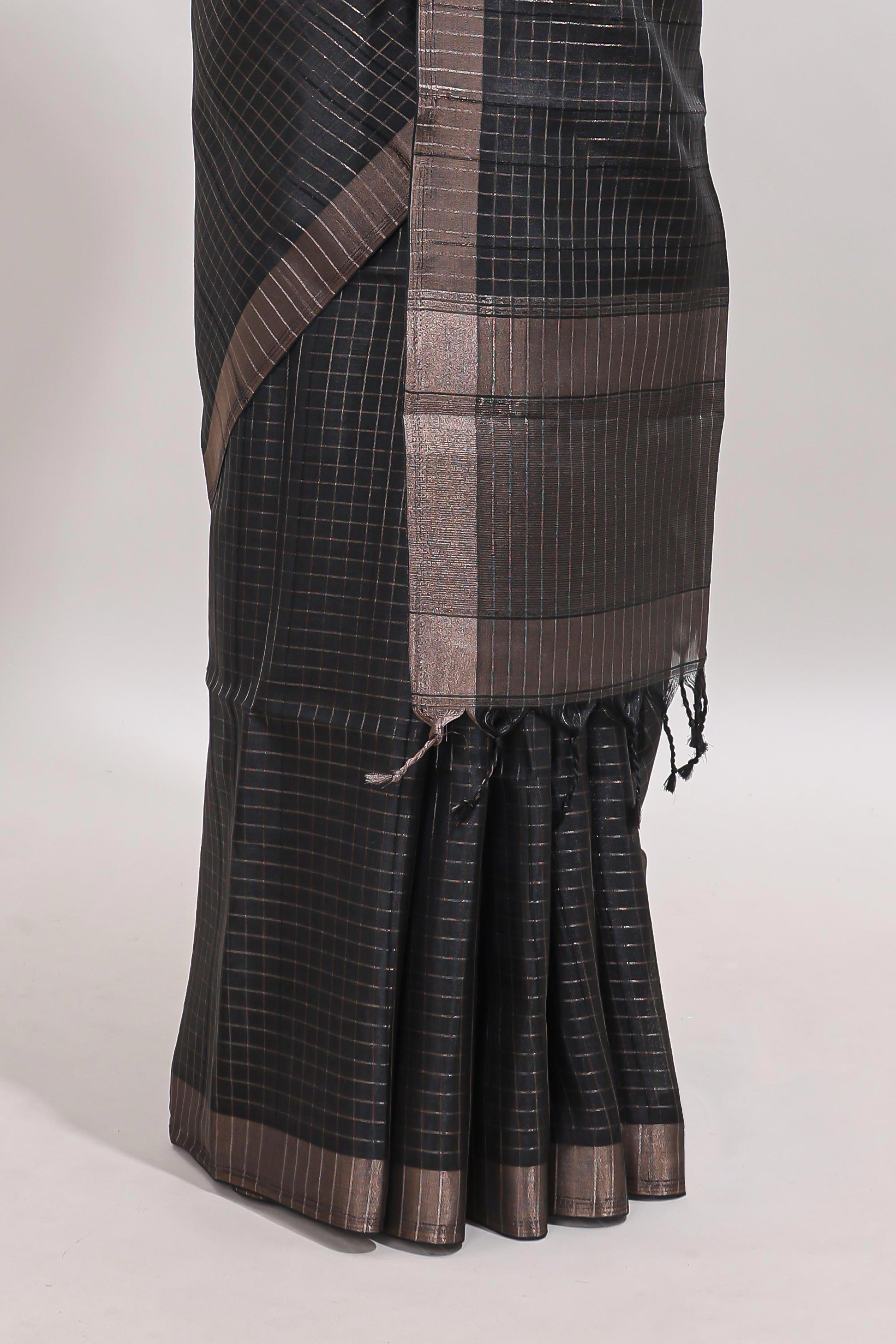 Black checked tussar saree with self zari border and matching striped blouse