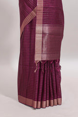 Magenta checked tussar saree with self zari border and matching striped blouse