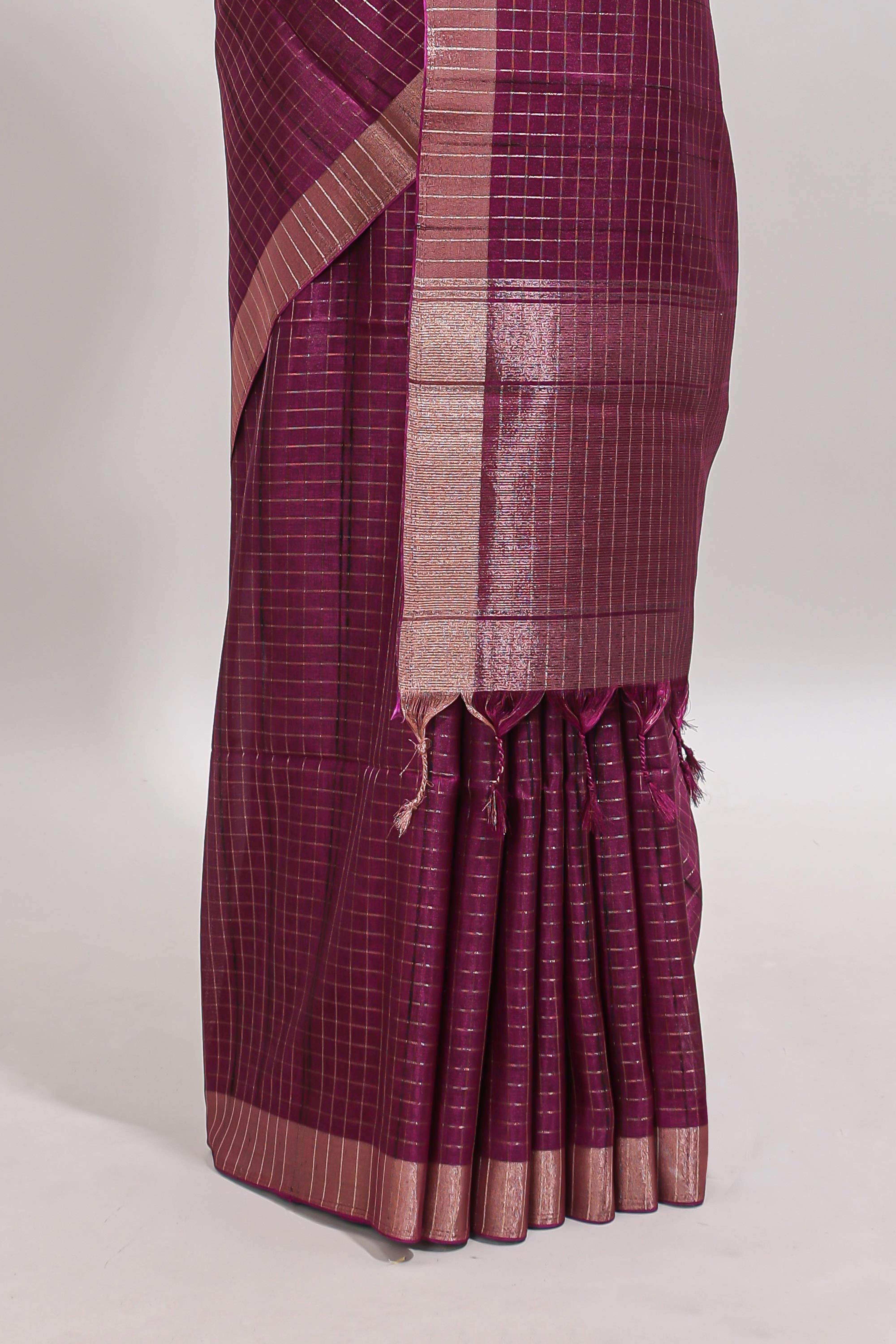 Magenta checked tussar saree with self zari border and matching striped blouse
