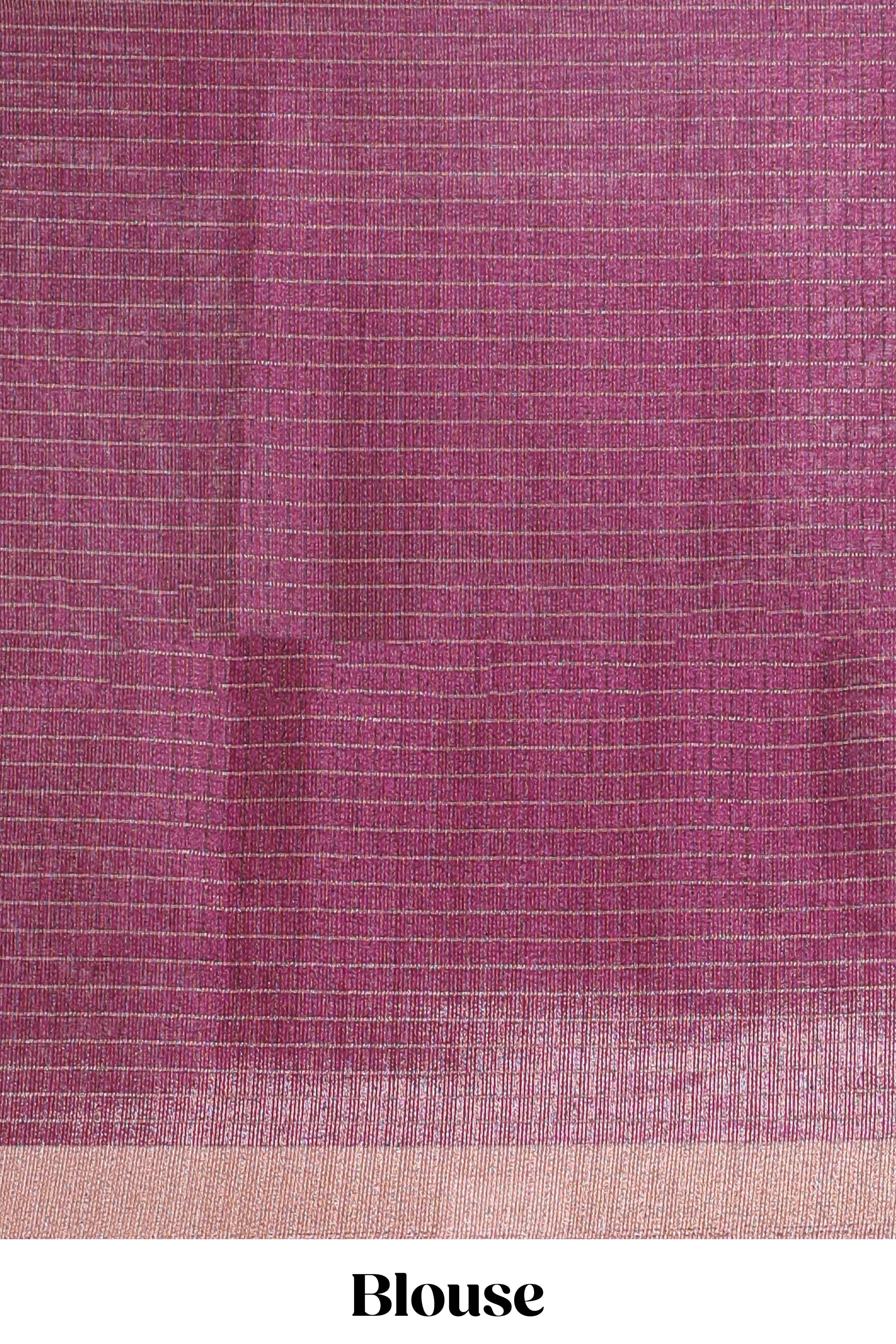 Magenta checked tussar saree with self zari border and matching striped blouse
