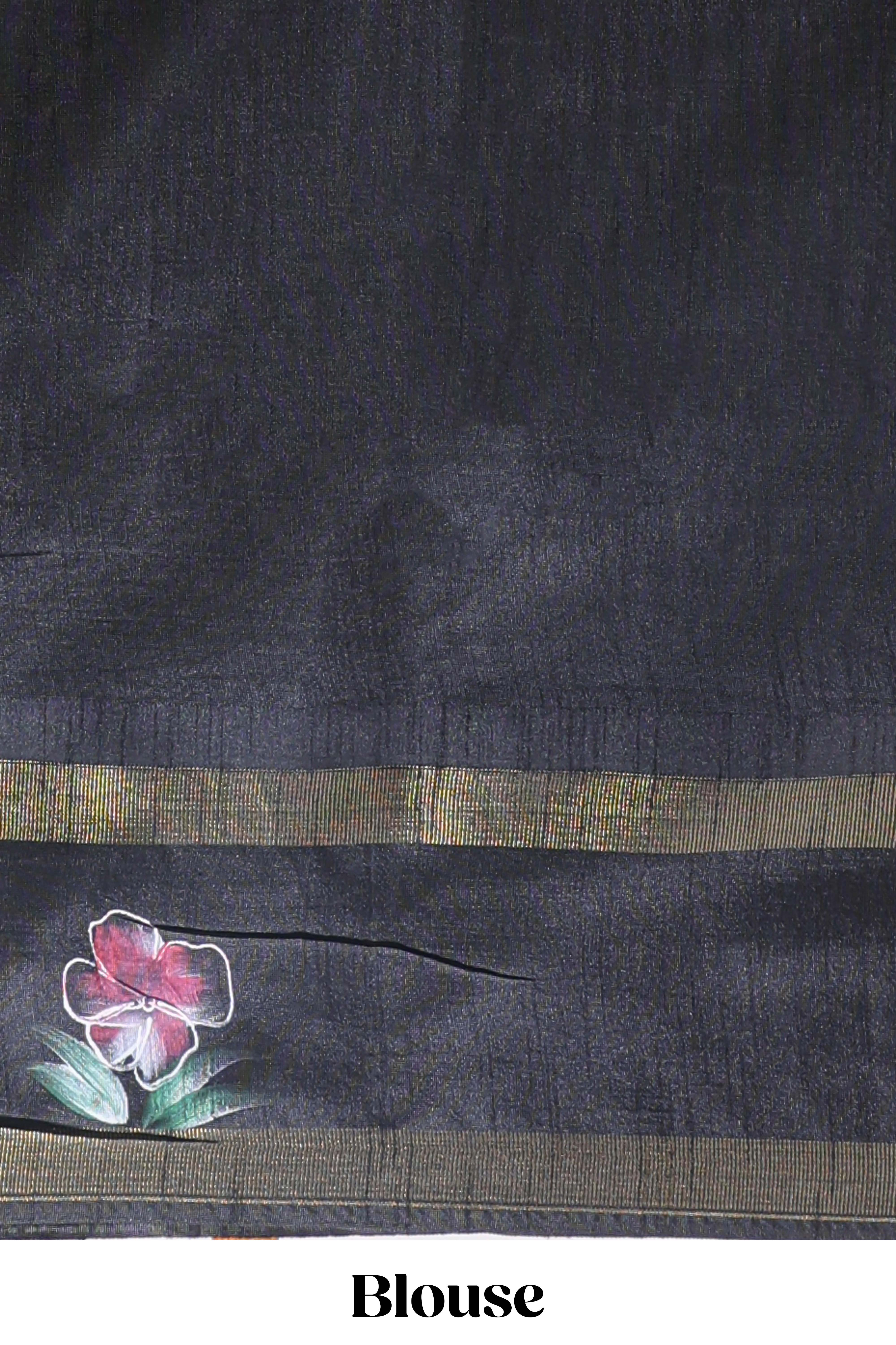 Grey zari design tussar saree with contrast floral print border and blouse