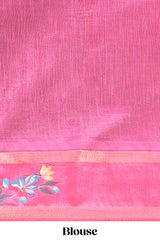 Dark grey zari design tussar saree with contrast floral print border and blouse