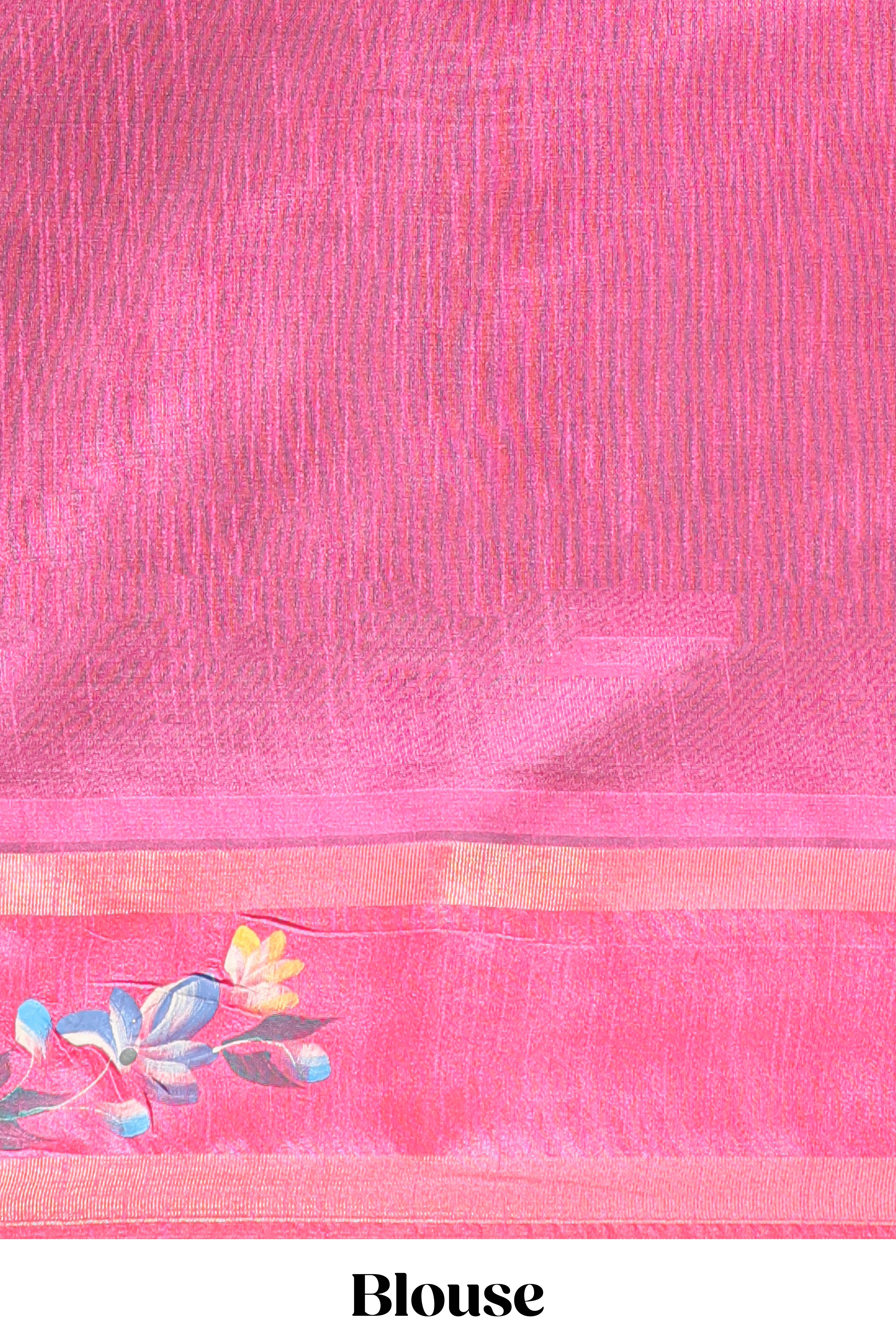Dark grey zari design tussar saree with contrast floral print border and blouse