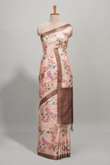 Peach checked birds & floral design semi tussar saree with contrast border and checked blouse