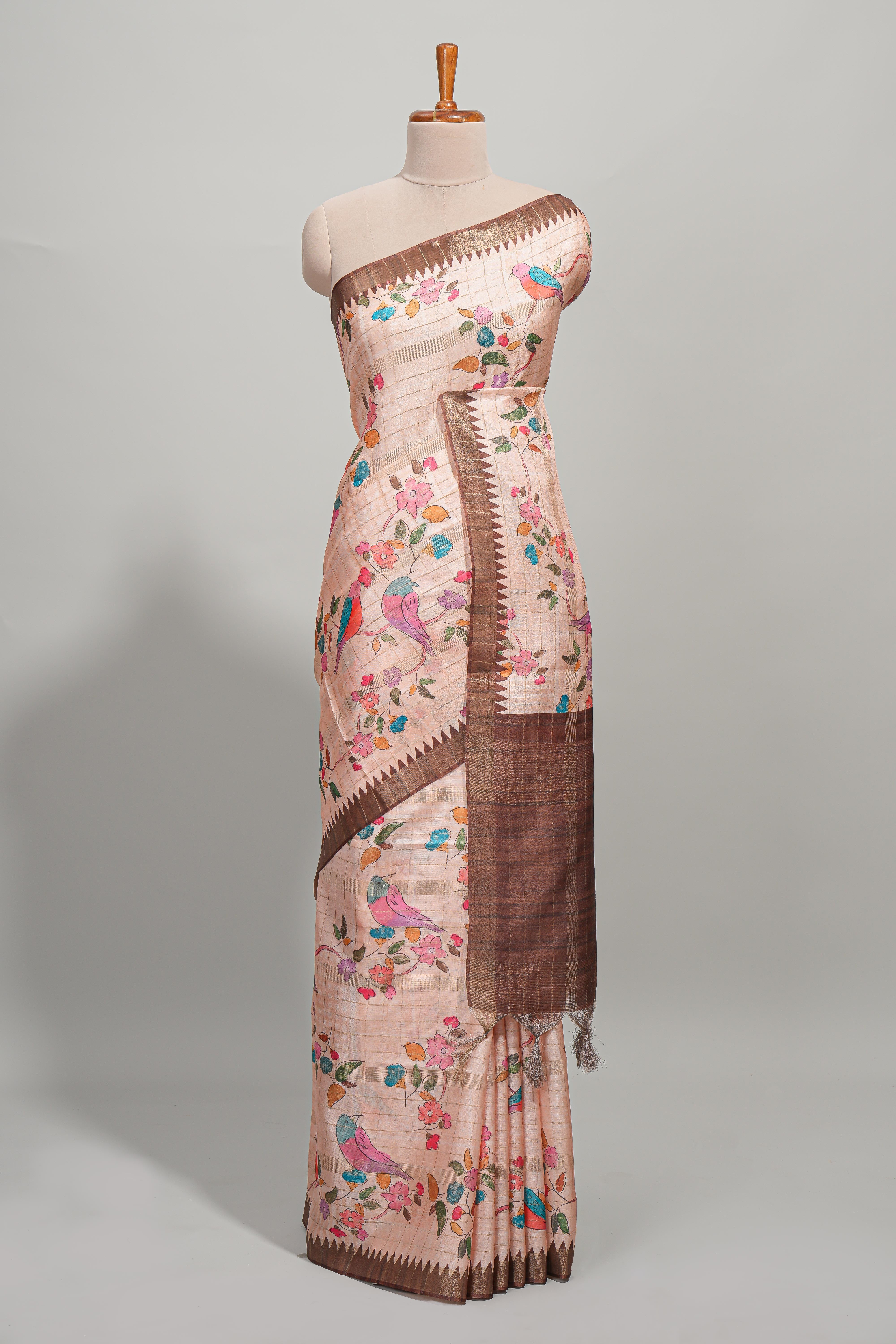 Peach checked birds & floral design semi tussar saree with contrast border and checked blouse