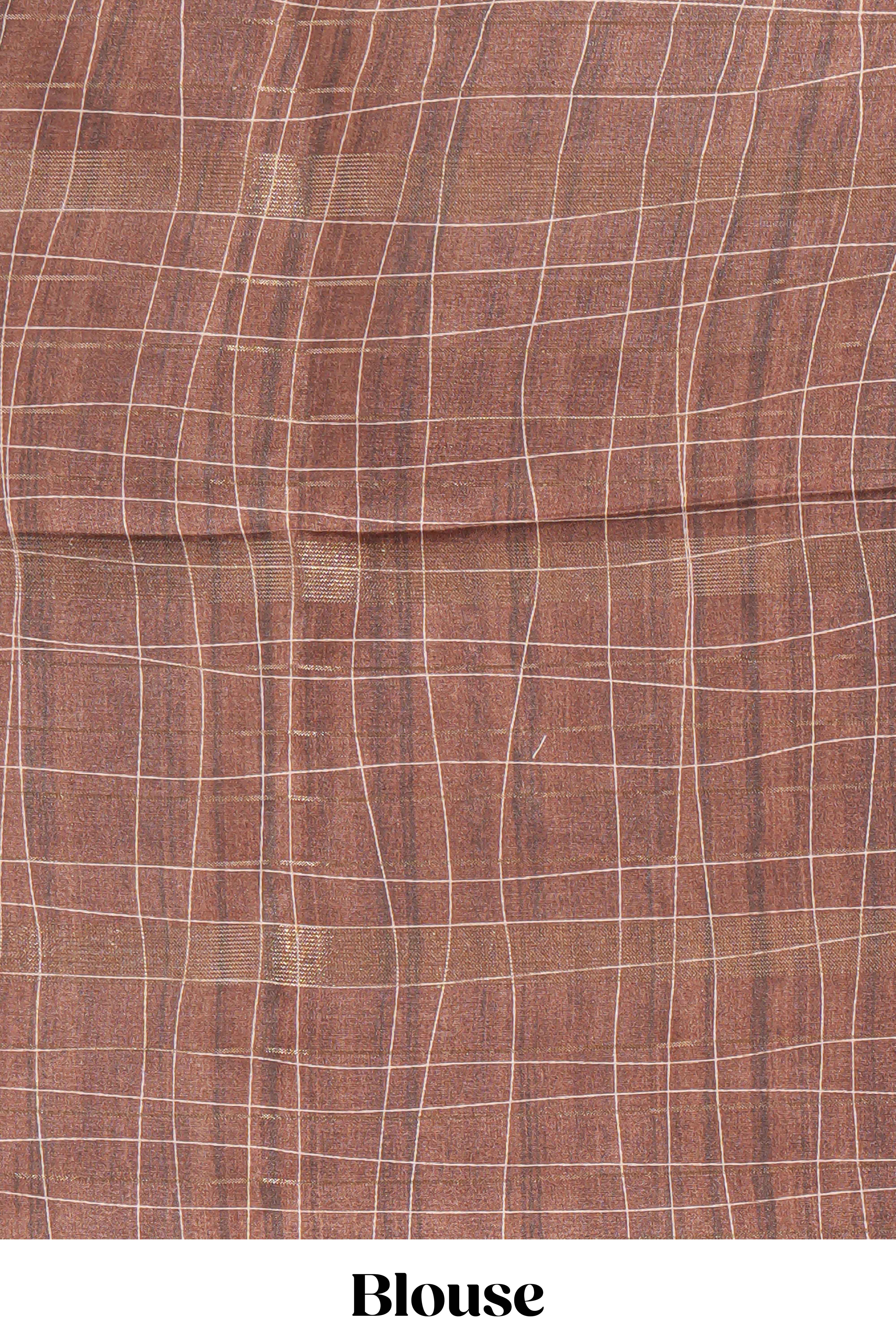 Peach checked birds & floral design semi tussar saree with contrast border and checked blouse