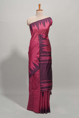 Magenta plain semi tussar saree with contrast geometric border and motifs blouse