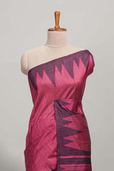 Magenta plain semi tussar saree with contrast geometric border and motifs blouse