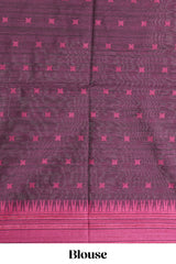 Magenta plain semi tussar saree with contrast geometric border and motifs blouse