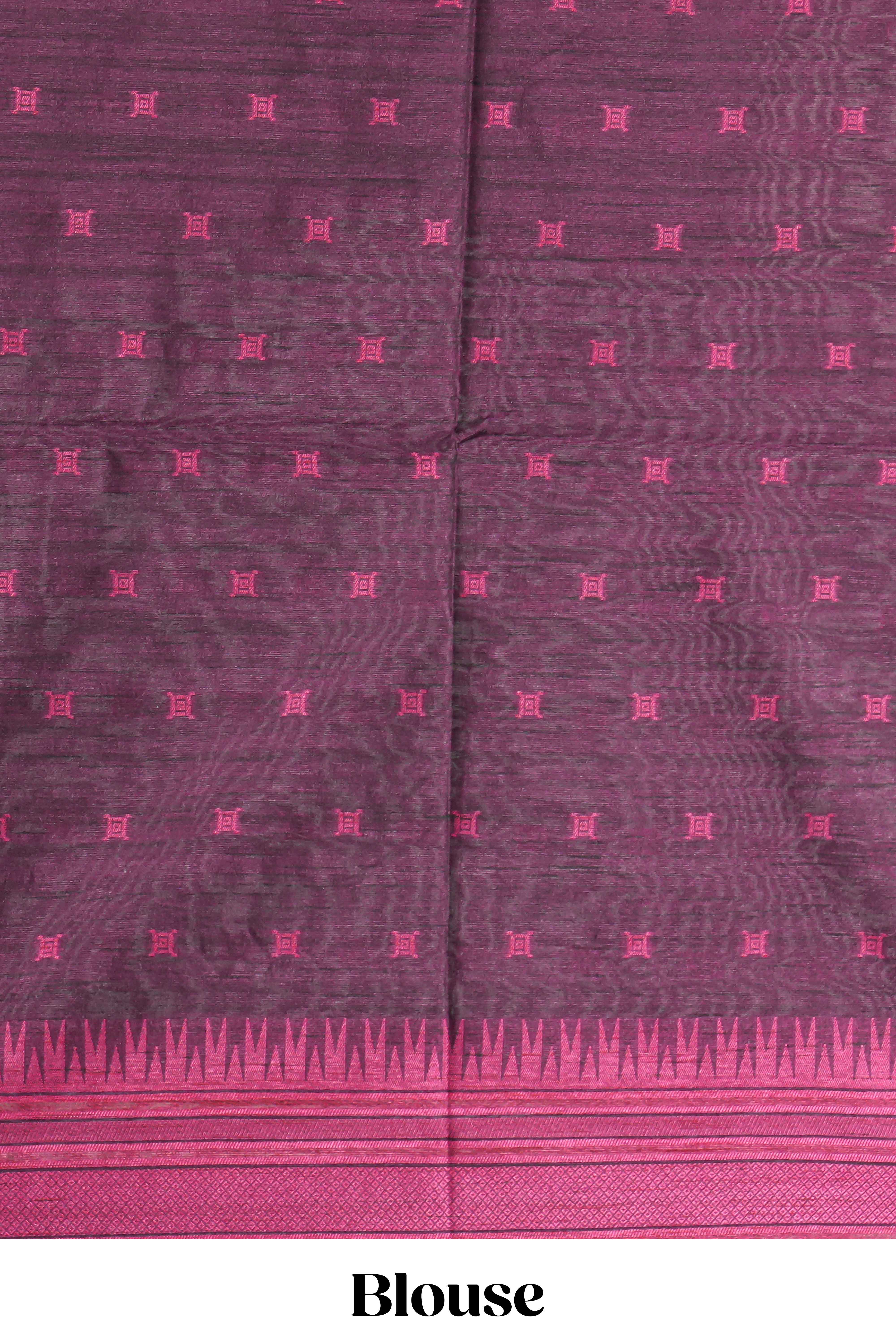 Magenta plain semi tussar saree with contrast geometric border and motifs blouse