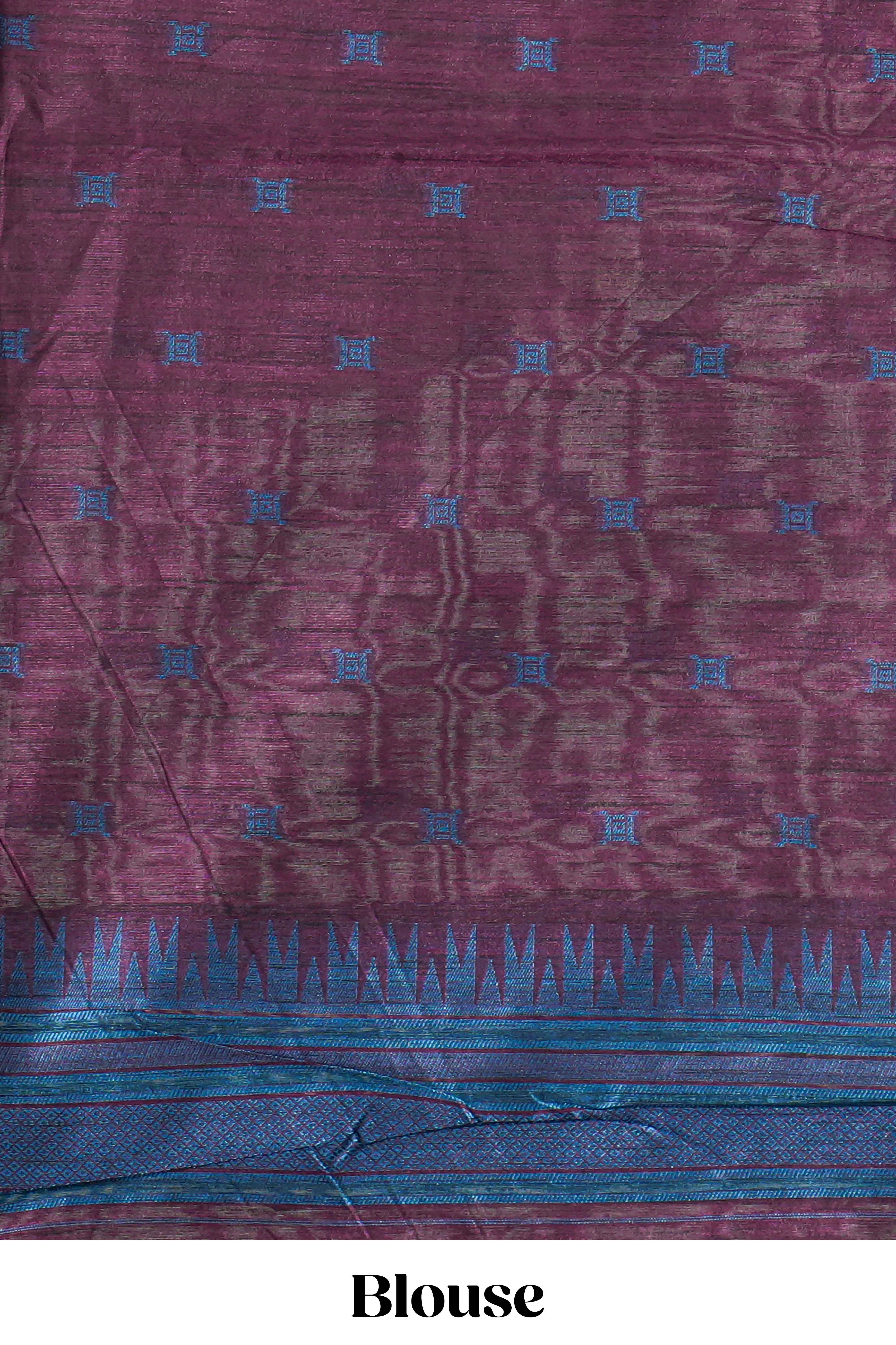 Blue plain semi tussar saree with contrast geometric border and motifs blouse