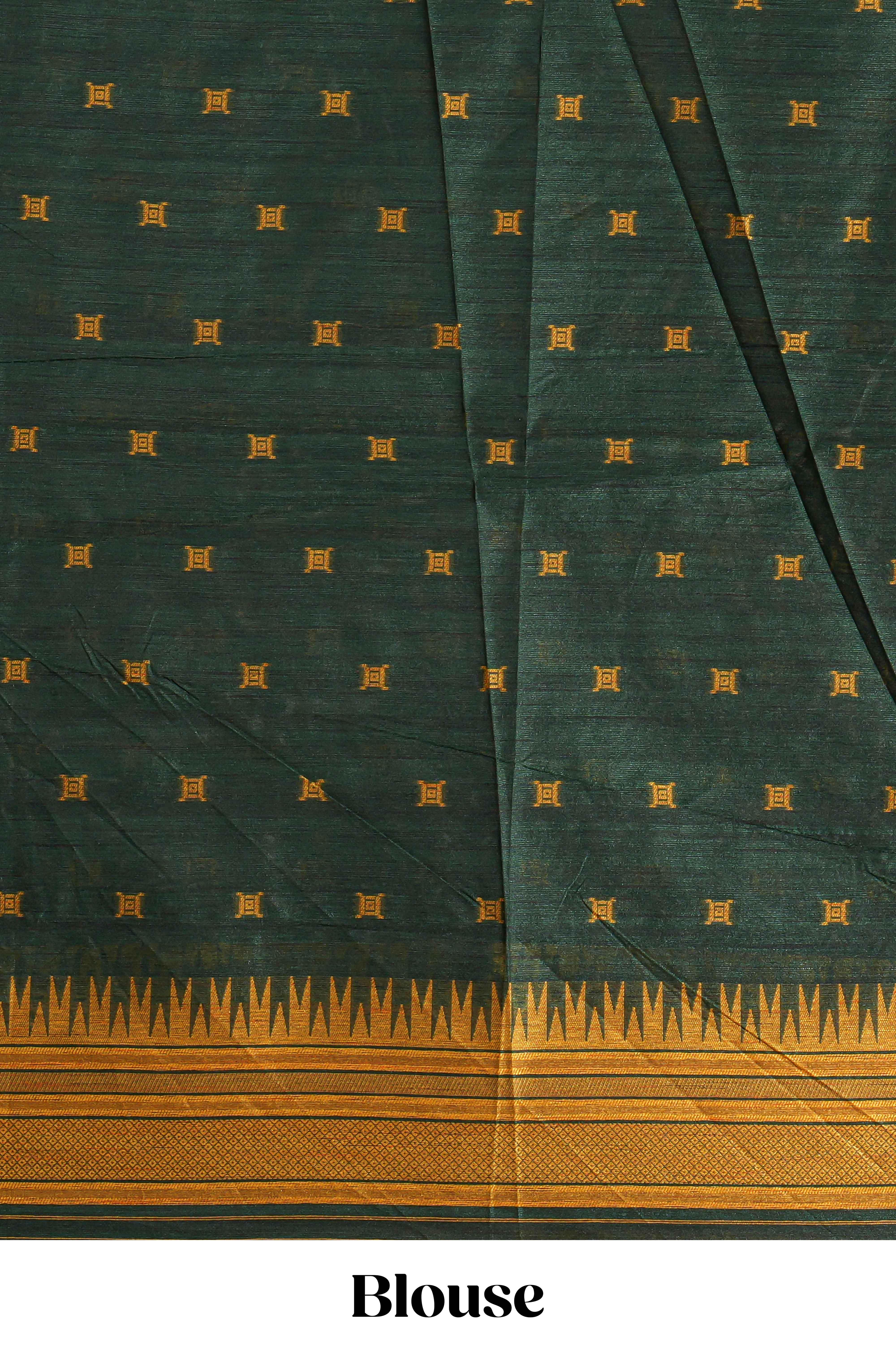Mustard plain semi tussar saree with contrast geometric border and motifs blouse