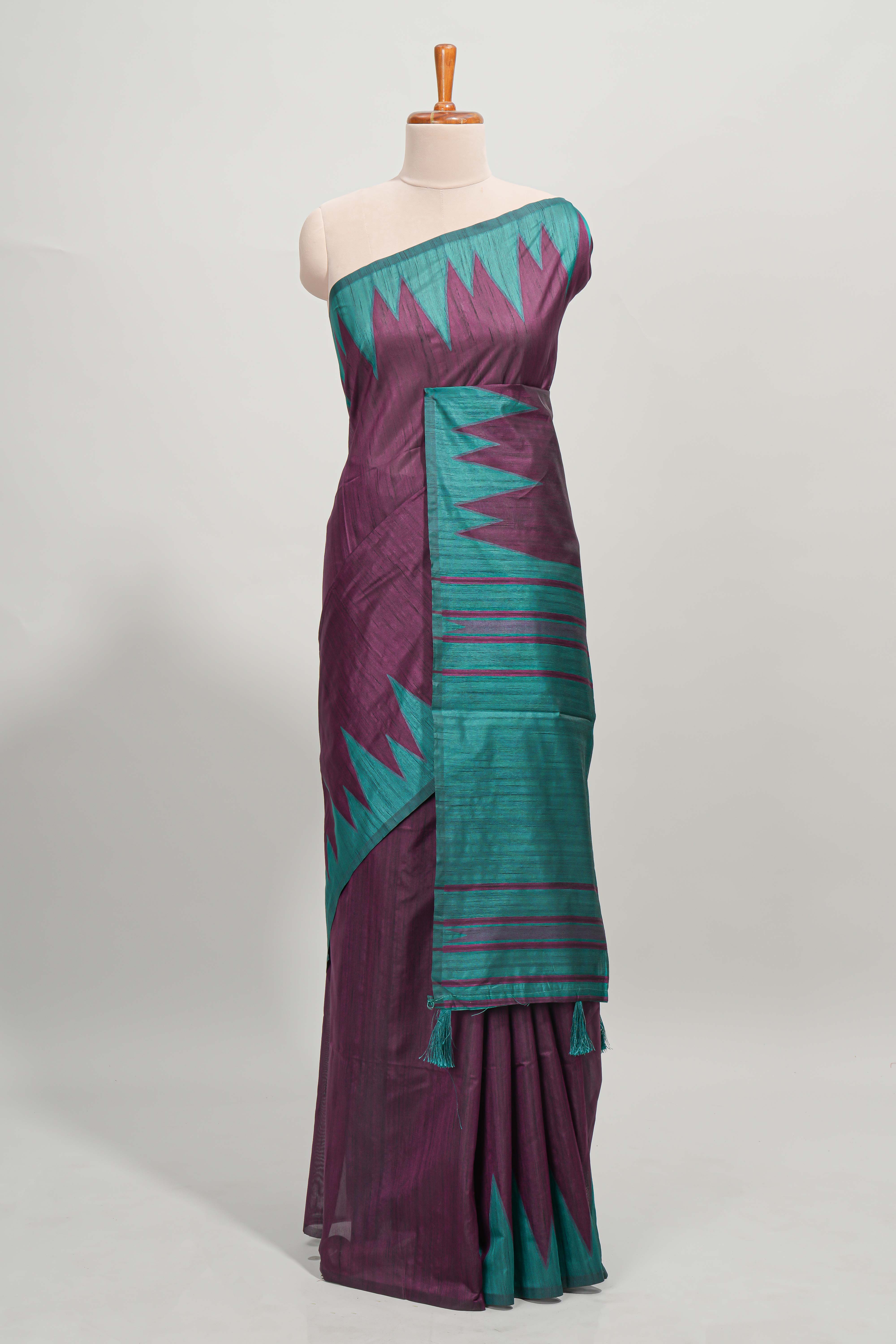 Purple plain semi tussar saree with contrast geometric border and motifs blouse