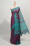 Purple plain semi tussar saree with contrast geometric border and motifs blouse