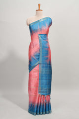 Pink checked semi tussar saree with contrast border and striped blouse