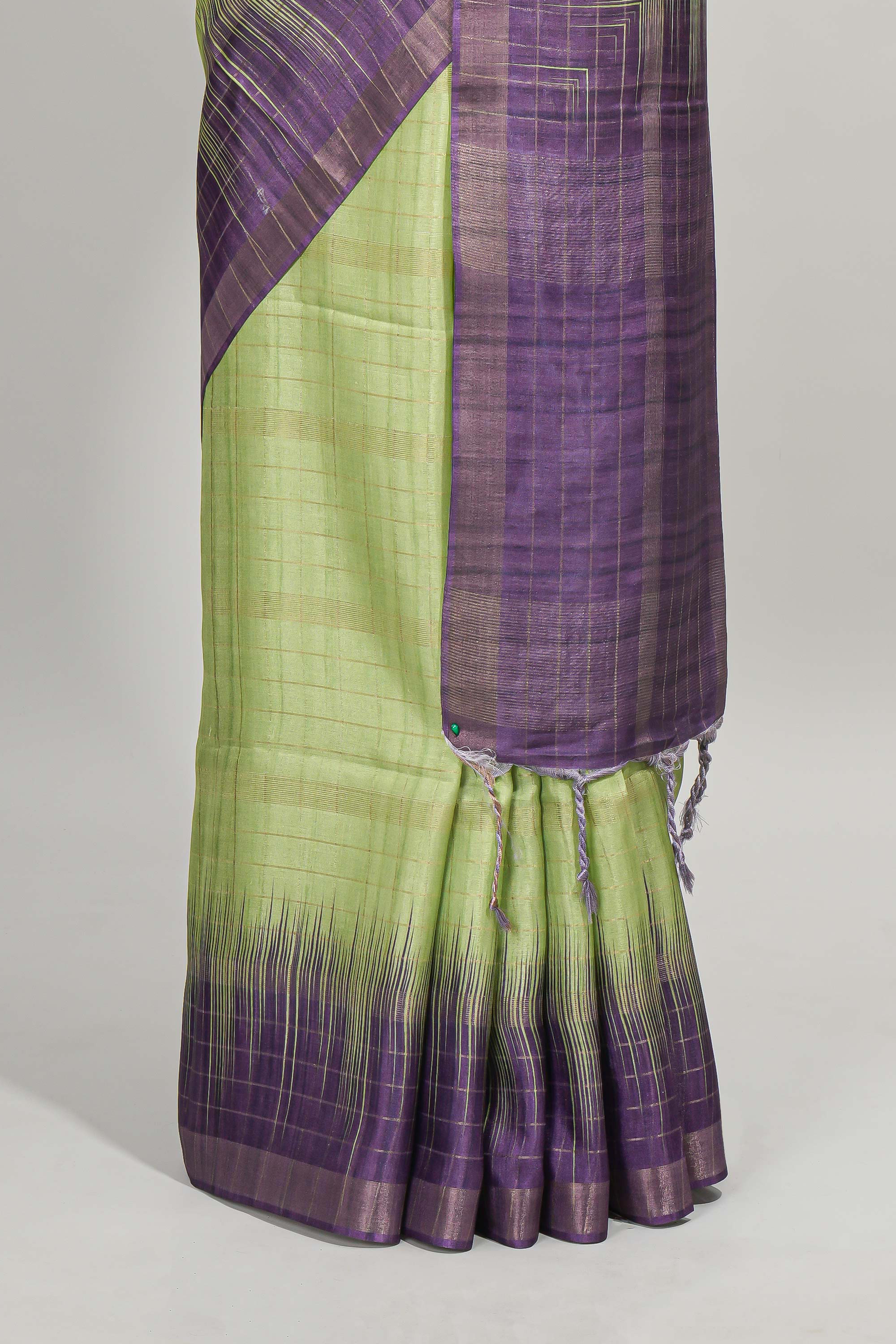 Green checked semi tussar saree with contrast border and striped blouse