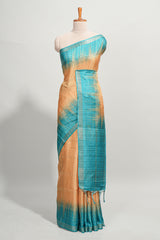 Orange checked semi tussar saree with contrast border and striped blouse