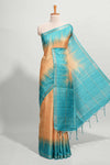 Orange checked semi tussar saree with contrast border and striped blouse