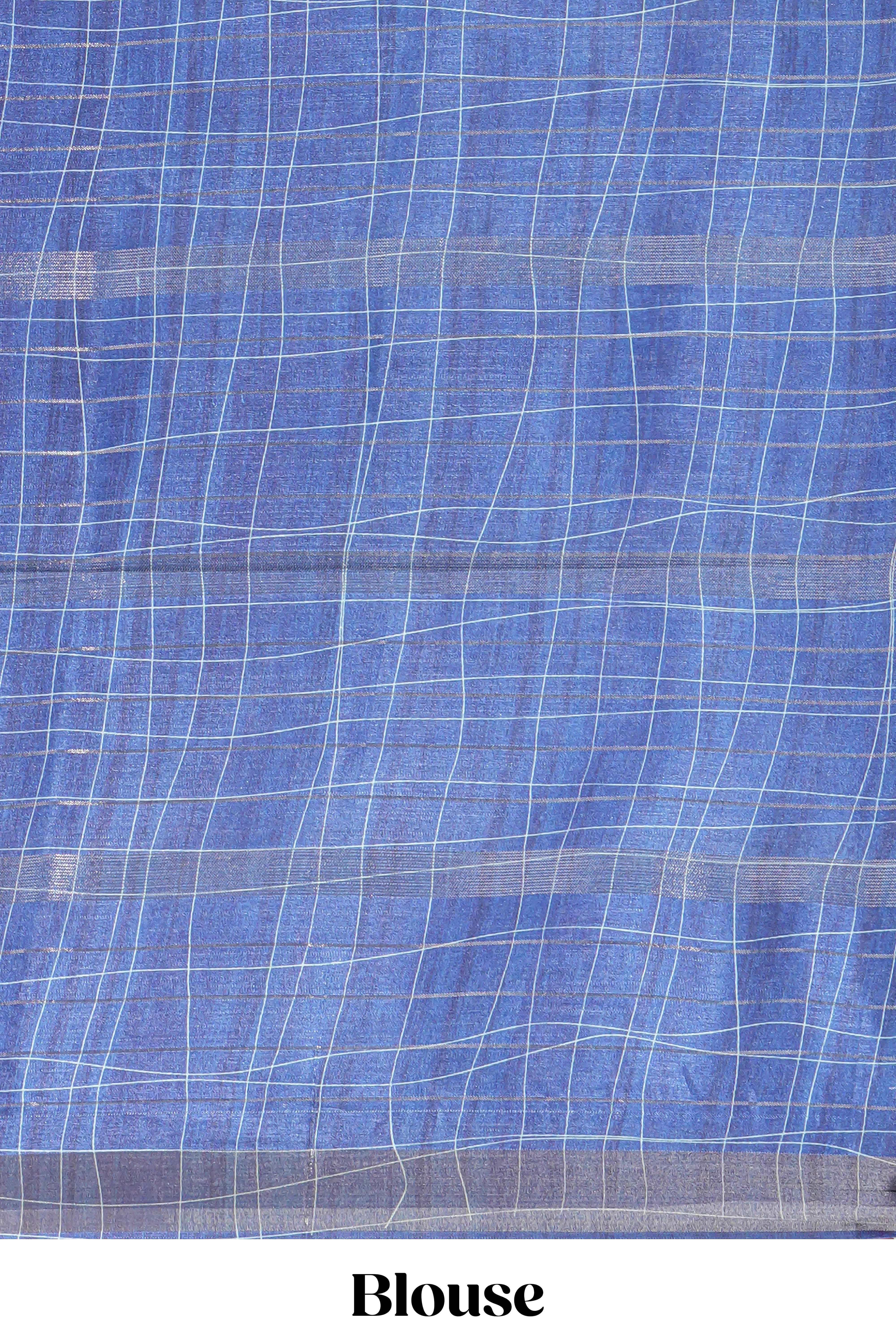 Blue checked birds & floral design semi tussar saree with contrast border and checked blouse