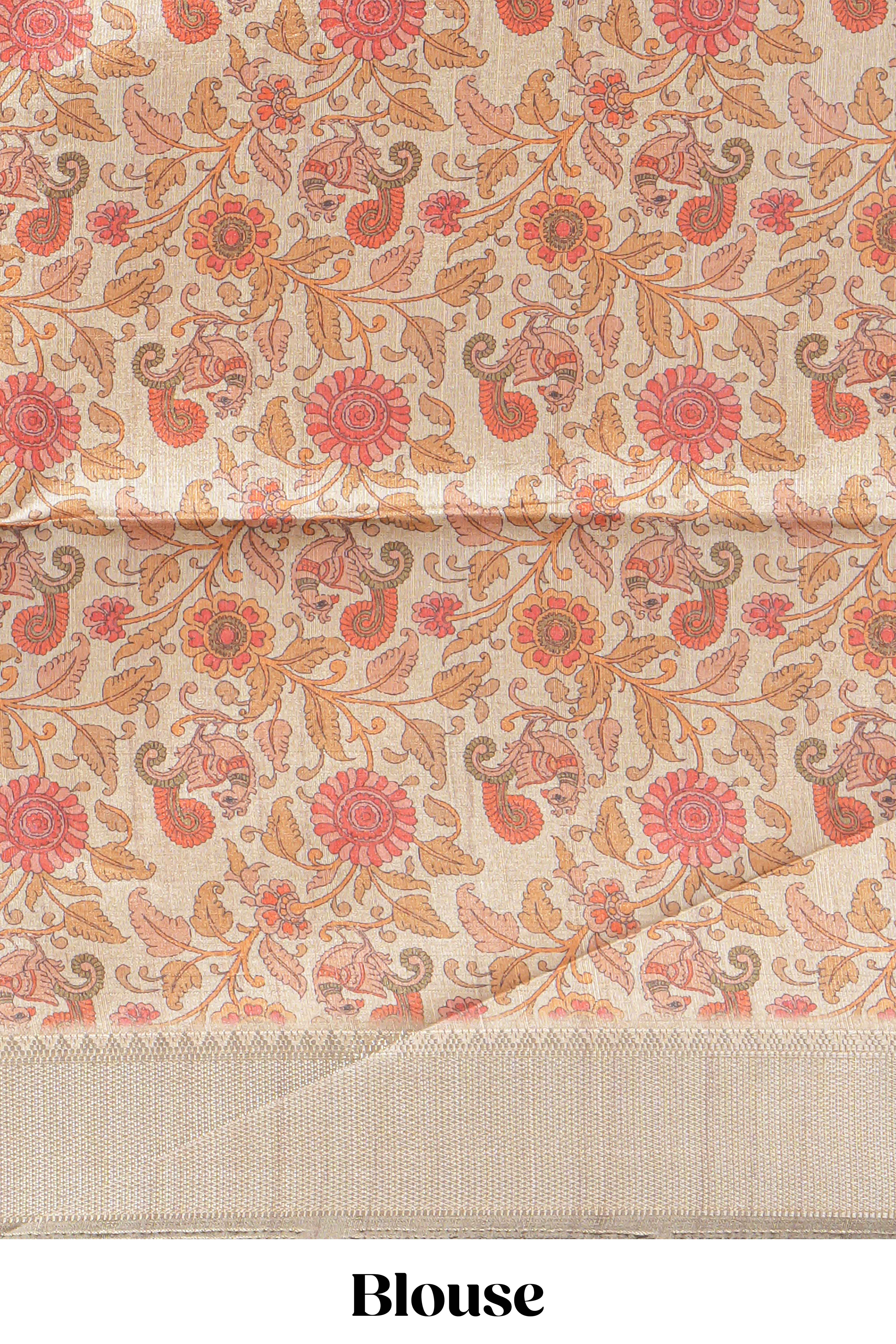 Grey plain semi tussar saree with self border and contrast printed blouse