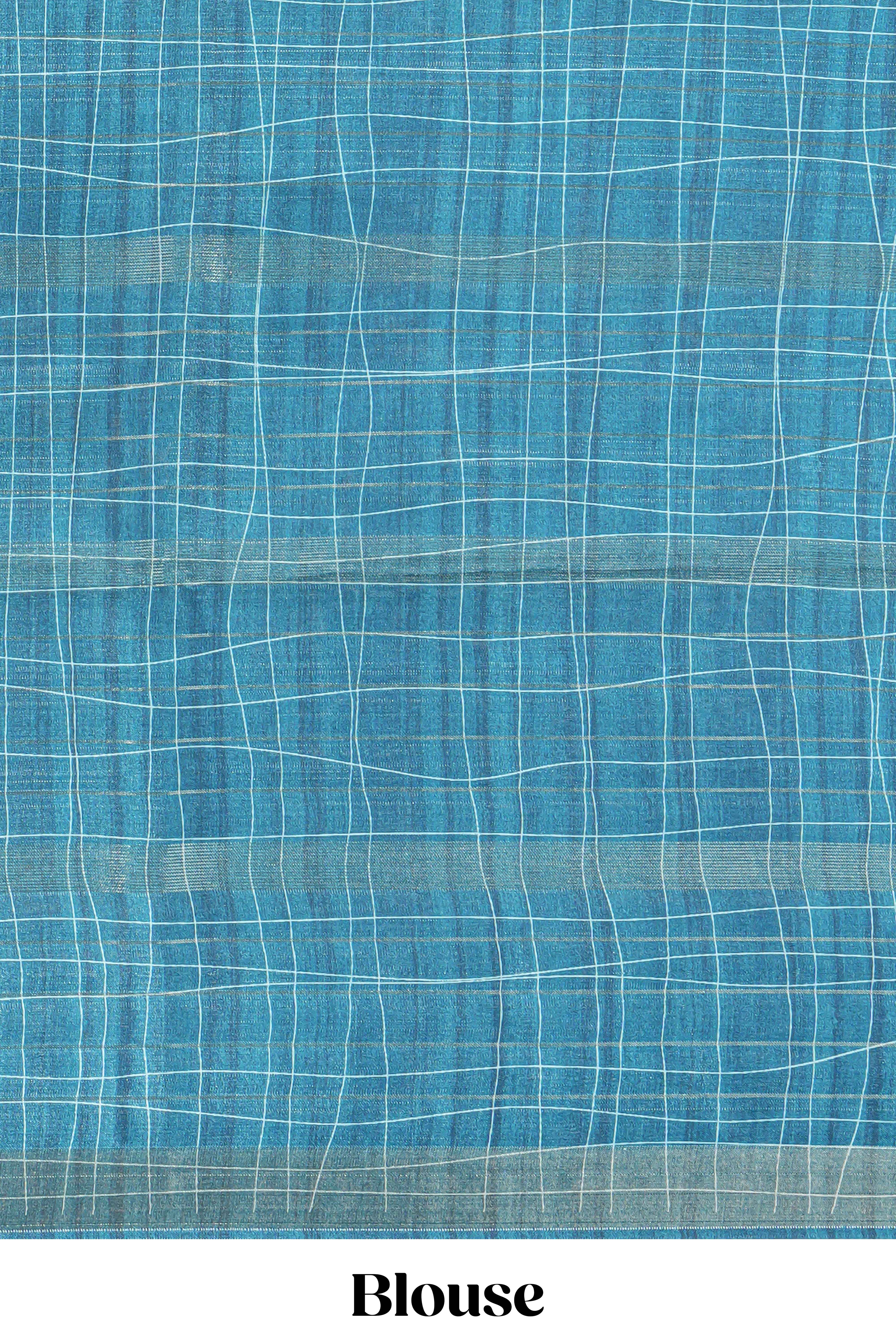 Powder blue checked birds & floral design semi tussar saree with contrast border and checked blouse