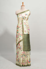 Green checked birds & floral design semi tussar saree with contrast border and checked blouse