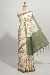Green checked birds & floral design semi tussar saree with contrast border and checked blouse