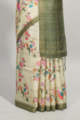 Green checked birds & floral design semi tussar saree with contrast border and checked blouse