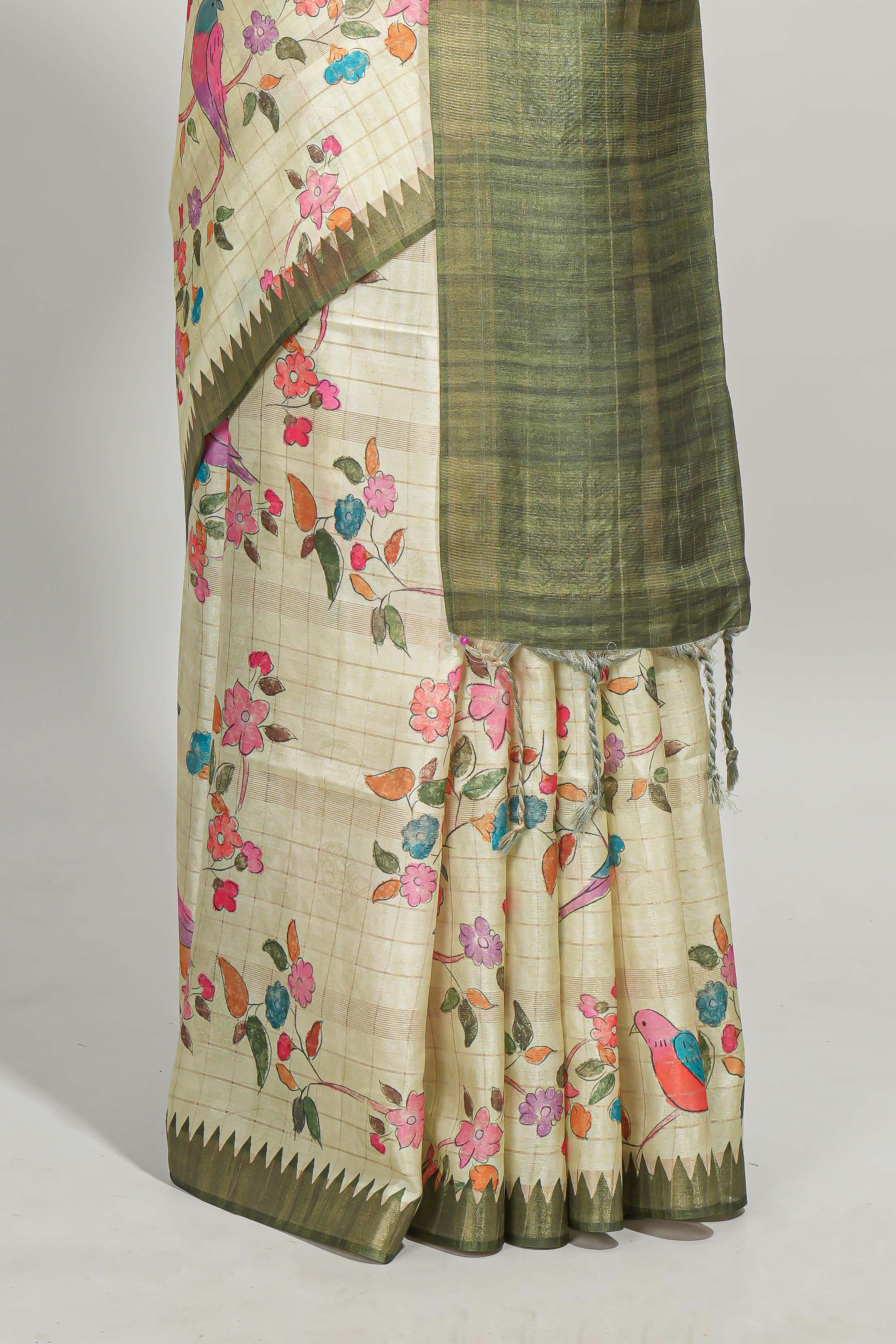 Green checked birds & floral design semi tussar saree with contrast border and checked blouse
