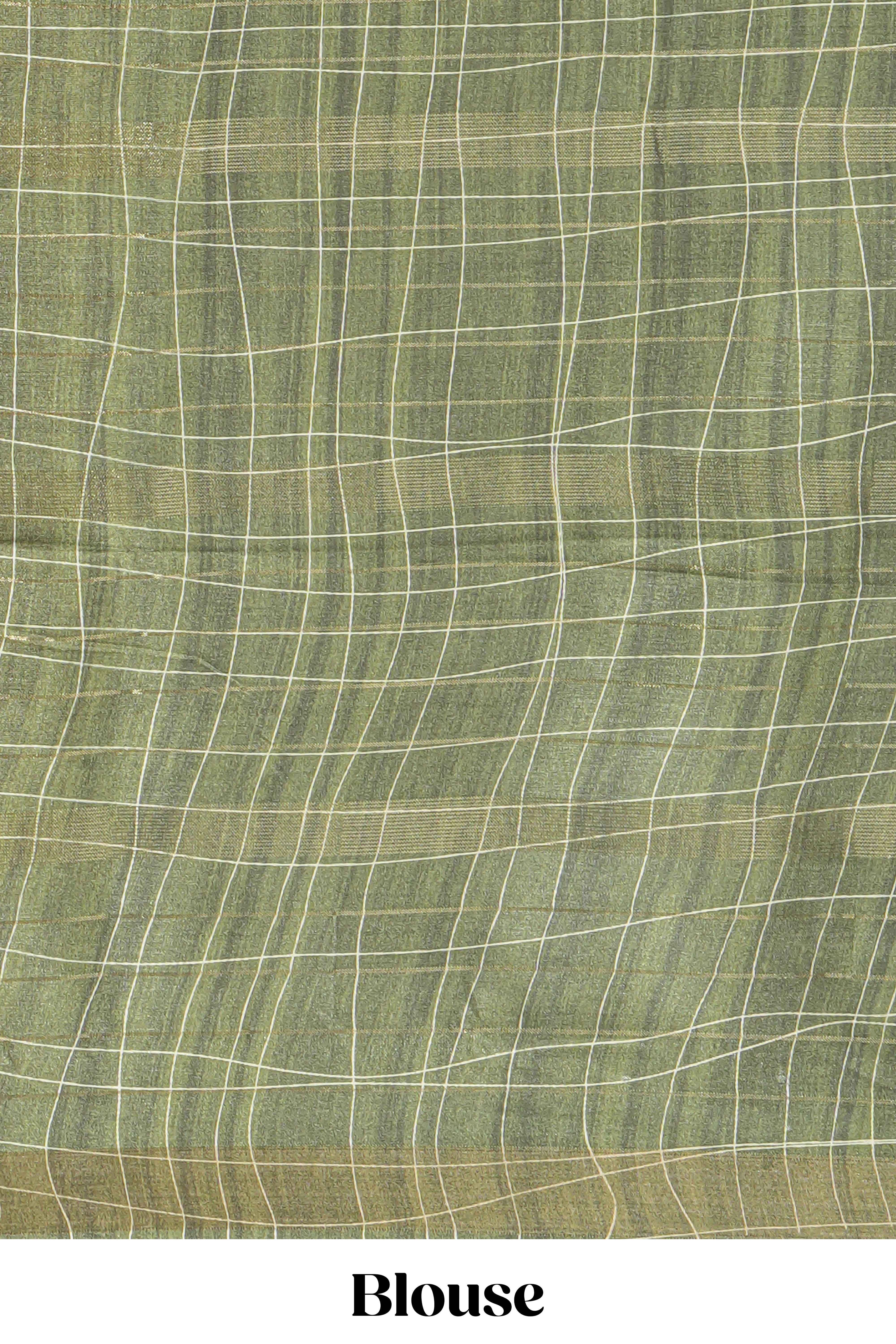 Green checked birds & floral design semi tussar saree with contrast border and checked blouse