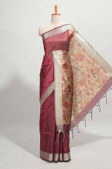 Maroon plain semi tussar saree with self border and contrast printed blouse
