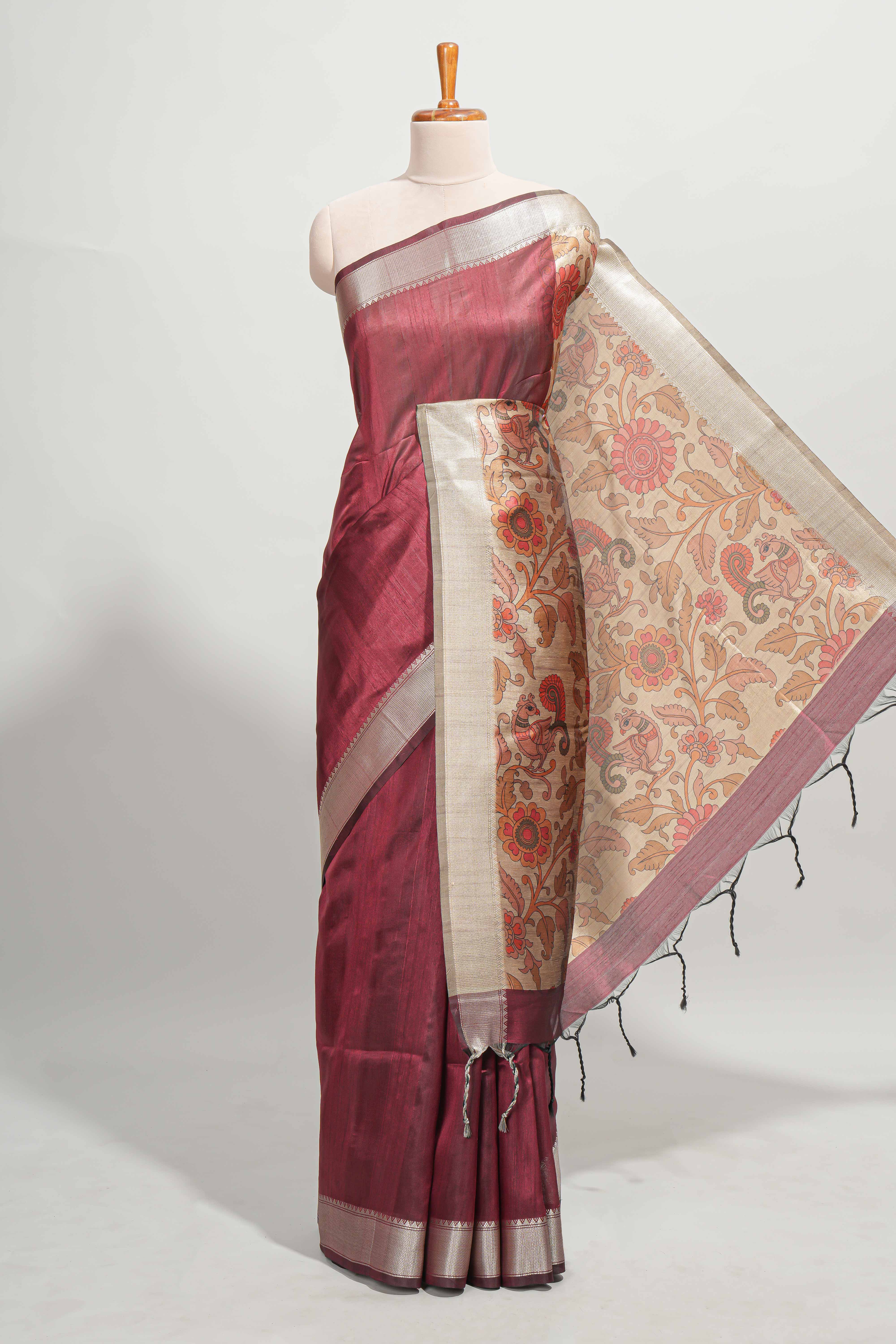 Maroon plain semi tussar saree with self border and contrast printed blouse