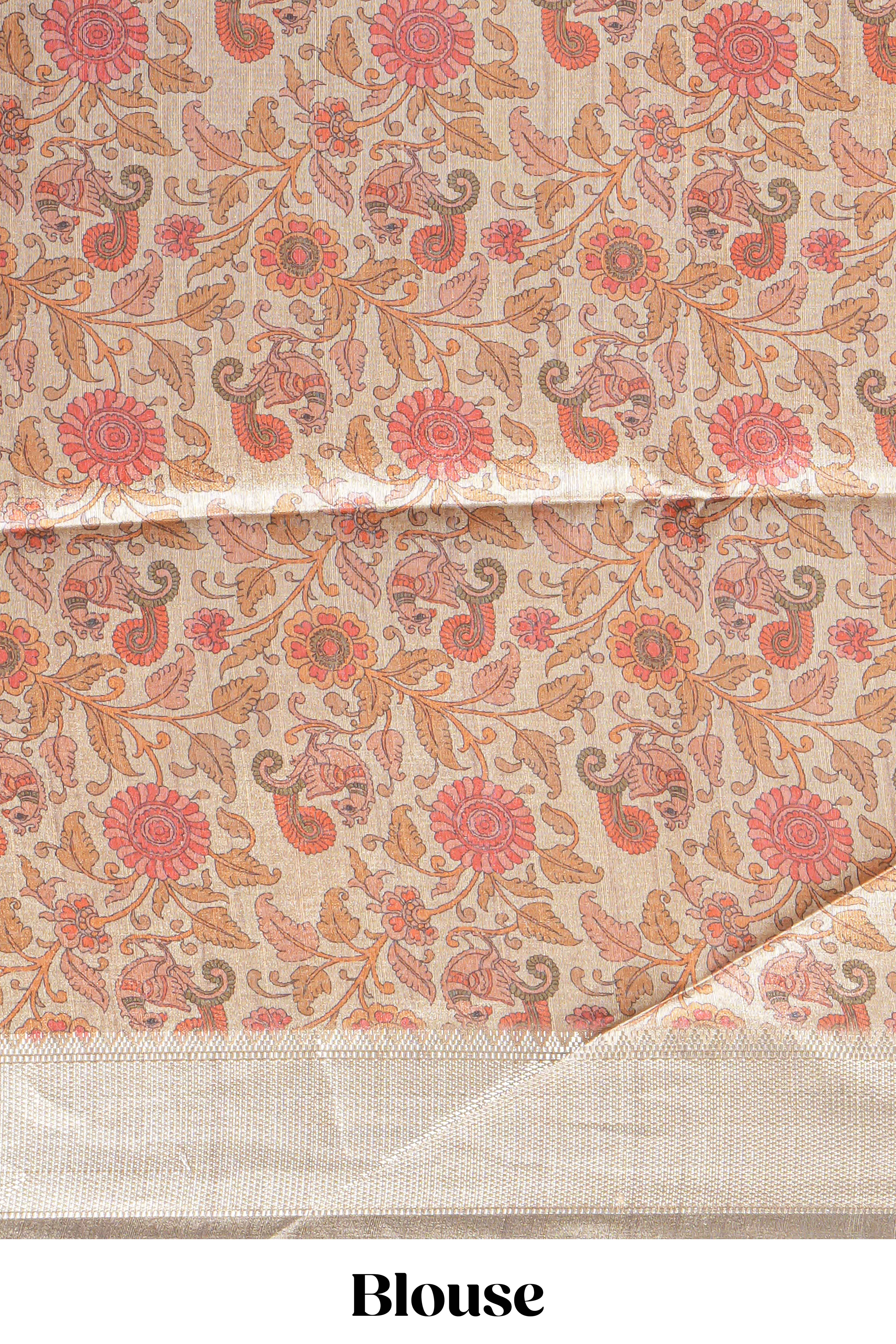 Maroon plain semi tussar saree with self border and contrast printed blouse
