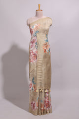 Borderless sandal floral design semi tussar saree with self pallu and blouse