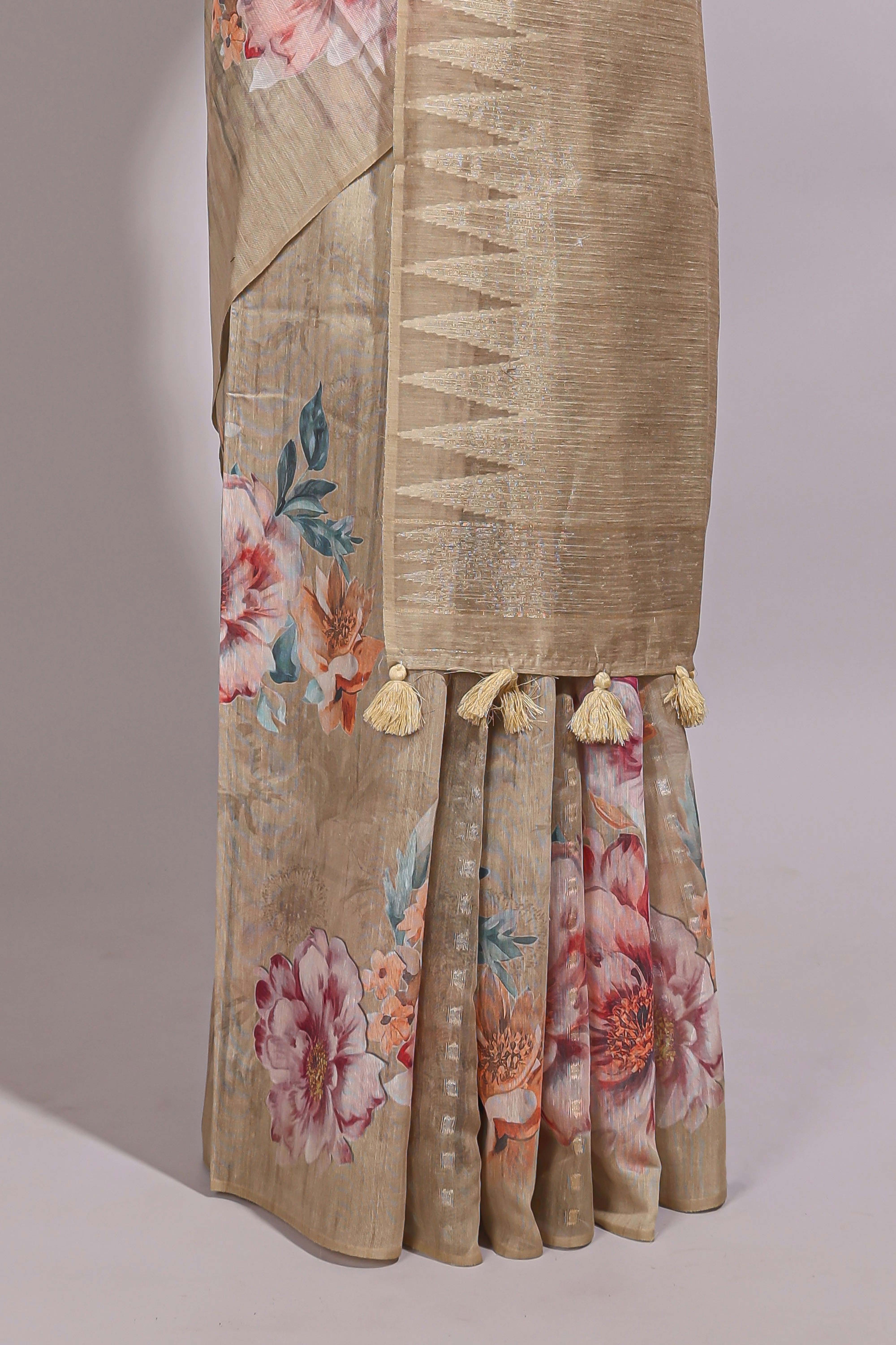 Borderless sandal floral design semi tussar saree with self pallu and blouse