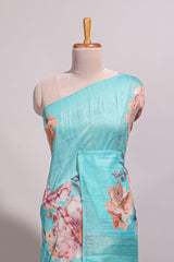 Borderless blue floral design semi tussar saree with self pallu and blouse